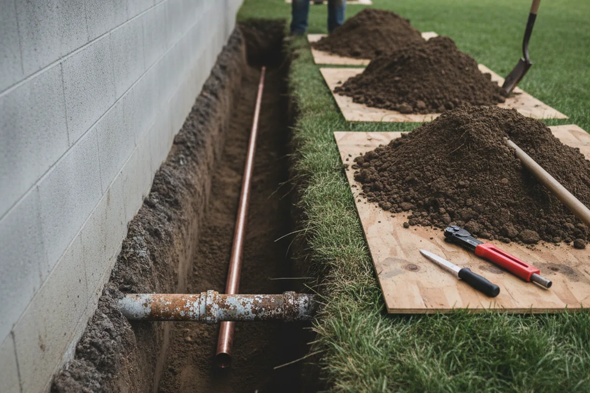 Excavated water line trench during Sewer Line Repair in Freehold